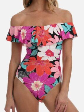 NWT! La Blanca Full Bloom Floral Ruffle One Piece Swimsuit NEW!